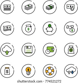 line vector icon set - dollar vector, cash, money bag, piggy bank, encashment, upload cloud, save, wallet time, business idea, lifebuoy, exchange data