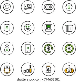 line vector icon set - dollar exchange vector, cash, euro, safe, smile, atm, money bag, mobile payment, reload, finger ring, chart, growth