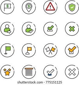 line vector icon set - dollar flag vector, pin, attention road sign, shield check, user login, delete cross, flags, stars, jalousie