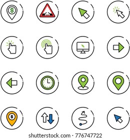 line vector icon set - dollar pin vector, drawbridge road sign, cursor, hand touch, monitor, right arrow, left, time, map, atm, up down arrows, trip