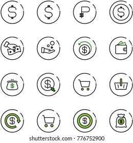 line vector icon set - dollar sign vector, ruble, coin, cash pay, money back, wallet, purse, click, cart, basket, reload, bag