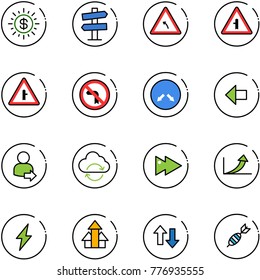 line vector icon set - dollar sun vector, road signpost sign, turn left, intersection, no, detour, arrow, user login, refresh cloud, fast forward, growth, lightning, arrows up, down, dart