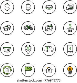 line vector icon set - dollar sign vector, bitcoin, coin, cash, credit card, bank, receipt, pin, encashment car, mobile payment, reload, ipo, home, business idea