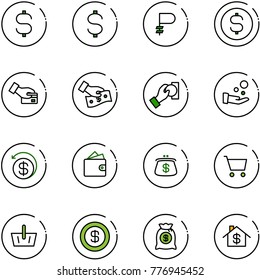 line vector icon set - dollar sign vector, ruble, coin, card pay, cash, money back, wallet, purse, cart, basket, bag, home