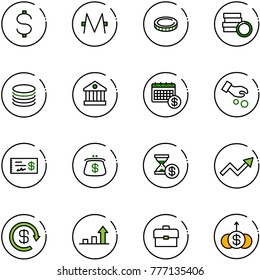 line vector icon set - dollar vector, monero, coin, bank, calendar, investment, check, purse, account history, growth arrow, reload, portfolio