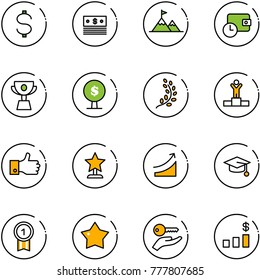 line vector icon set - dollar vector, attainment, wallet time, cup, money tree, golden branch, winner, finger up, award, rise, graduate hat, gold medal, star, key hand, chart