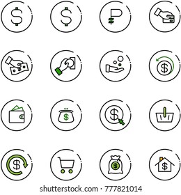 line vector icon set - dollar sign vector, ruble, card pay, cash, money back, wallet, purse, click, basket, reload, cart, bag, home