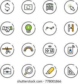 line vector icon set - dollar vector, card exchange, money chest, cursor, agreement, idea, chart point arrow, opening, rainbow, joystick wireless, identity, case, magnifier, work knife, corner ruler