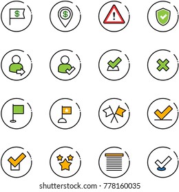 line vector icon set - dollar flag vector, pin, attention road sign, shield check, user login, delete cross, flags, stars, jalousie