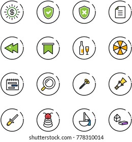 line vector icon set - dollar sun vector, shield check, cross, document, fast backward, flag, wine, parasol, terms plan, magnifier, screw, dowel, clinch, pyramid toy, sailboat, constructor blocks