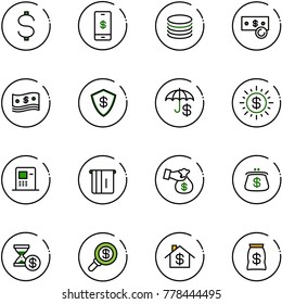 line vector icon set - dollar vector, mobile payment, coin, cash, safe, insurance, sun, atm, encashment, purse, account history, search money, home, bag