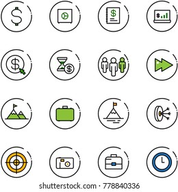 line vector icon set - dollar vector, safe, annual report, account statistics, money click, history, group, fast forward, attainment, case, mountain, solution, target, photo, clock