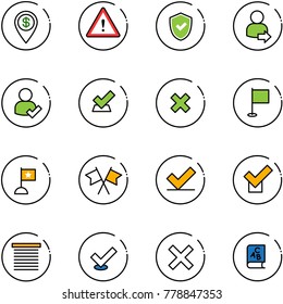 line vector icon set - dollar pin vector, attention road sign, shield check, user login, delete cross, flag, flags, jalousie, abc book