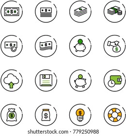 line vector icon set - dollar vector, cash, piggy bank, encashment, upload cloud, save, wallet time, money bag, business idea, lifebuoy