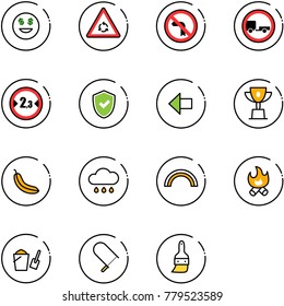 line vector icon set - dollar smile vector, round motion road sign, no left turn, trailer, limited width, shield check, arrow, win cup, banana, rain cloud, rainbow, fire, bucket scoop, fretsaw