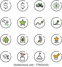 line vector icon set - dollar sign vector, cash, sun, investment, star, growth arrow, up, money bag, golden branch, award, graduate hat, win, mountain, check