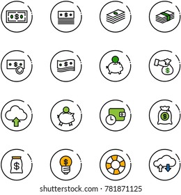 line vector icon set - dollar vector, cash, piggy bank, encashment, upload cloud, wallet time, money bag, business idea, lifebuoy, exchange data