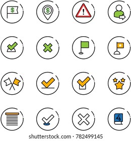 line vector icon set - dollar flag vector, pin, attention road sign, user login, check, delete cross, flags, stars, jalousie, abc book