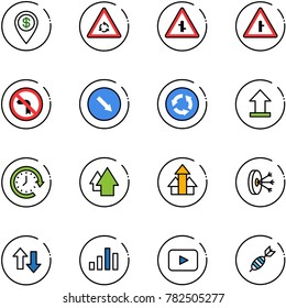 line vector icon set - dollar pin vector, round motion road sign, intersection, no left turn, detour, circle, uplooad, clock around, arrow up, arrows, solution, down, chart, playback, dart