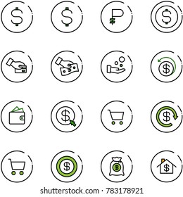 line vector icon set - dollar sign vector, ruble, coin, card pay, cash, money back, wallet, click, cart, reload, bag, home