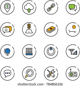 line vector icon set - dollar pin vector, upload cloud, link, dialog, lounger, globe, binary code, standby button, fine signal, chat, magnifier, wrench screwdriver, radio