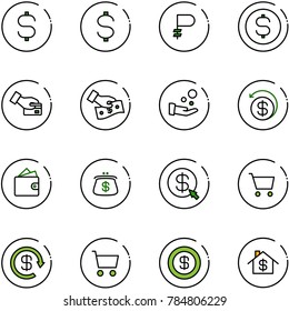 line vector icon set - dollar sign vector, ruble, coin, card pay, cash, money back, wallet, purse, click, cart, reload, home