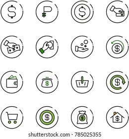 line vector icon set - dollar sign vector, ruble, coin, card pay, cash, money back, wallet, purse, basket, reload, cart, bag, home