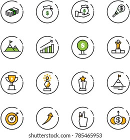 line vector icon set - dollar vector, money bag, investment, torch, attainment, growth, tree, winner, win cup, award, mountain, target, victory