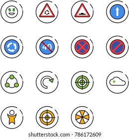 line vector icon set - dollar smile vector, round motion road sign, artificial unevenness, only forward, circle, end minimal speed limit, no stop, parking, social, redo, target, cloud, success