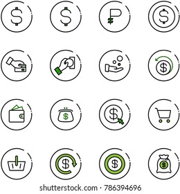 line vector icon set - dollar sign vector, ruble, coin, card pay, cash, money back, wallet, purse, click, cart, basket, reload, bag