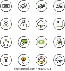 line vector icon set - dollar vector, cash, money bag, upload cloud, save, piggy bank, wallet time, business idea, lifebuoy, exchange data