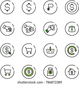 line vector icon set - dollar sign vector, ruble, coin, card pay, cash, purse, money click, cart, basket, reload, bag, home