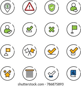 line vector icon set - dollar pin vector, attention road sign, shield check, user login, delete cross, flag, flags, stars, jalousie, abc book