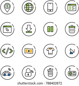 line vector icon set - dollar pin vector, globe, phone, website, cursor browser, download, pause, trash bin, tag code, money, t shirt, satellite antenna, car wireless, lock, radio