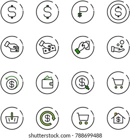 line vector icon set - dollar sign vector, ruble, coin, card pay, cash, money back, wallet, click, cart, basket, reload, home