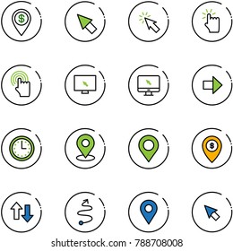 line vector icon set - dollar pin vector, cursor, hand touch, monitor, right arrow, time, map, atm, up down arrows, trip, navigation
