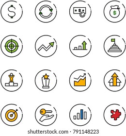 line vector icon set - dollar vector, exchange, cash, money bag, target, growth arrow, pyramid flag, winner, award, arrows up, key hand, chart, puzzle