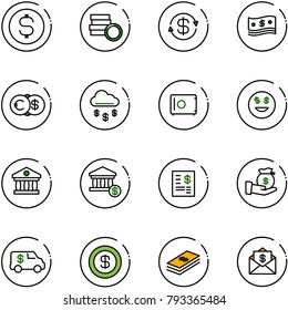 line vector icon set - dollar coin vector, exchange, cash, euro, money rain, safe, smile, bank, account, statement, investment, encashment car, mail