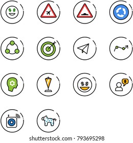 line vector icon set - dollar smile vector, airport road sign, artificial unevenness, circle, social, target, paper fly, chart point arrow, brain work, pennant, money, dialog, wireless speaker