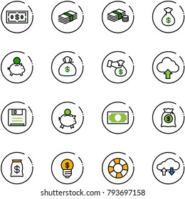 line vector icon set - dollar vector, cash, money bag, piggy bank, encashment, upload cloud, save, business idea, lifebuoy, exchange data