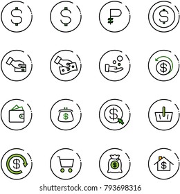 line vector icon set - dollar sign vector, ruble, coin, card pay, cash, money back, wallet, purse, click, basket, reload, cart, bag, home