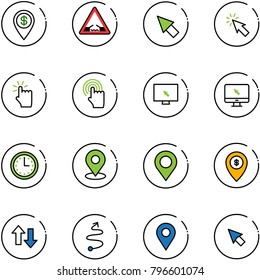 line vector icon set - dollar pin vector, drawbridge road sign, cursor, hand touch, monitor, time, map, atm, up down arrows, trip, navigation