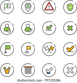 line vector icon set - dollar flag vector, pin, attention road sign, shield check, user login, delete cross, flags, stars, jalousie