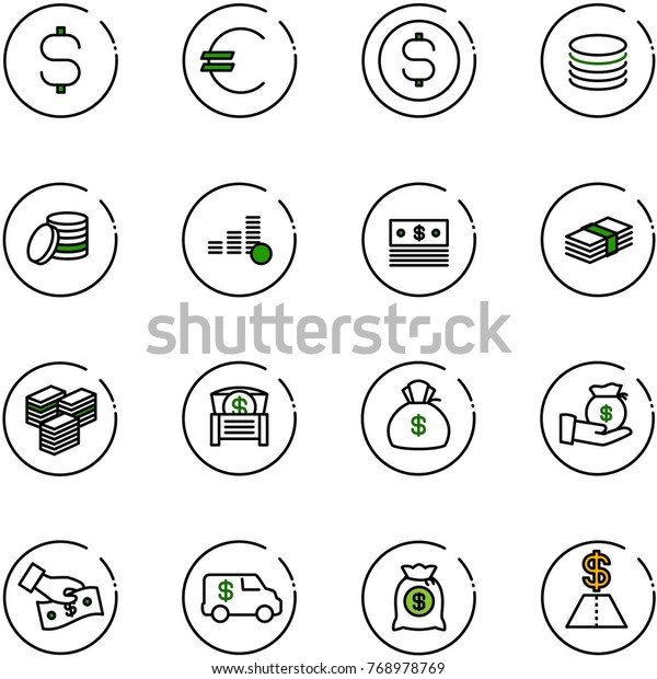 line vector\
icon set - dollar sign vector, euro, coin, big cash, money chest,\
bag, investment, pay, encashment\
car