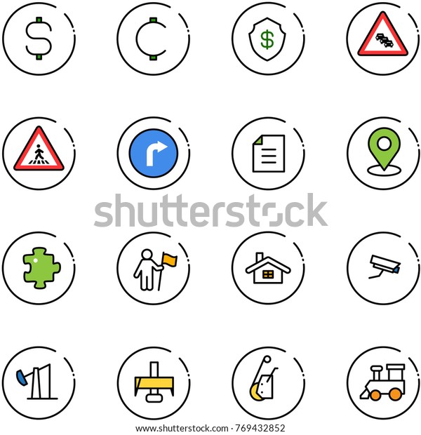 line vector icon set - dollar sign vector, cent,\
safe, multi lane traffic road, pedestrian, only right, document,\
map pin, puzzle, win, home, surveillance camera, oil derrick,\
milling cutter, winch