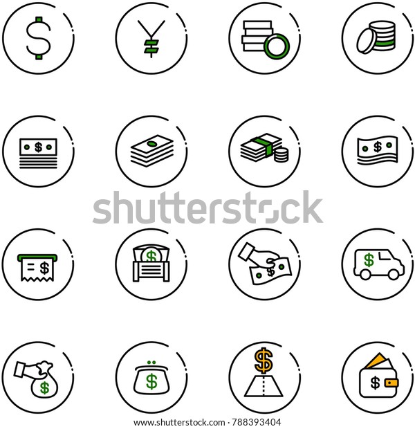 line vector icon set - dollar vector, yen,\
coin, cash, receipt, money chest, pay, encashment car, purse,\
finance management