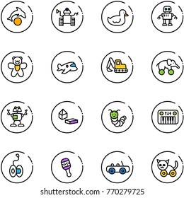 line vector icon set - dolphin vector, robot, duck toy, bear, plane, excavator, elephant wheel, constructor blocks, caterpillar, piano, yoyo, beanbag, car, cat