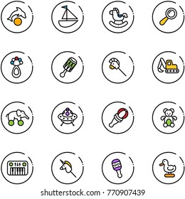 line vector icon set - dolphin vector, sailboat toy, rocking horse, beanbag, stick, excavator, elephant wheel, ufo, bear, piano, unicorn, duck