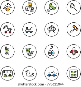 line vector icon set - dolphin vector, abc cube, beanbag, horse stick toy, wheel, baby car, ufo, hammer, phone, caterpillar, yoyo, plane, bus, duck, hole