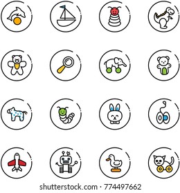 line vector icon set - dolphin vector, sailboat toy, pyramid, dinosaur, bear, beanbag, elephant wheel, horse, caterpillar, rabbit, yoyo, plane, robot, duck, cat
